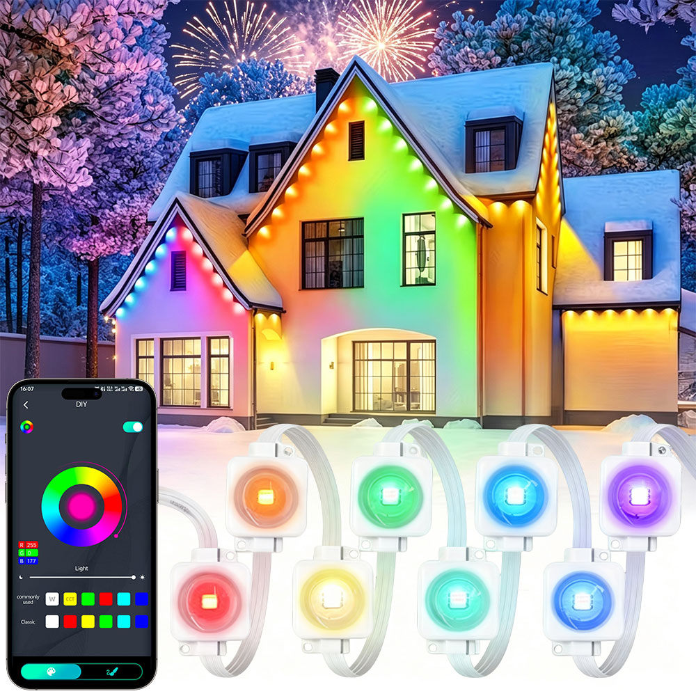 Smart Home Yellow - 150フィート90LEDスマートRGBIC常設屋外軒先ストリングライト、アプリ制御、カスタムDIYシーンモードLEDランプ、屋根、庭、クリスマスパーティー、ホリデー、屋外、家の装飾照明用